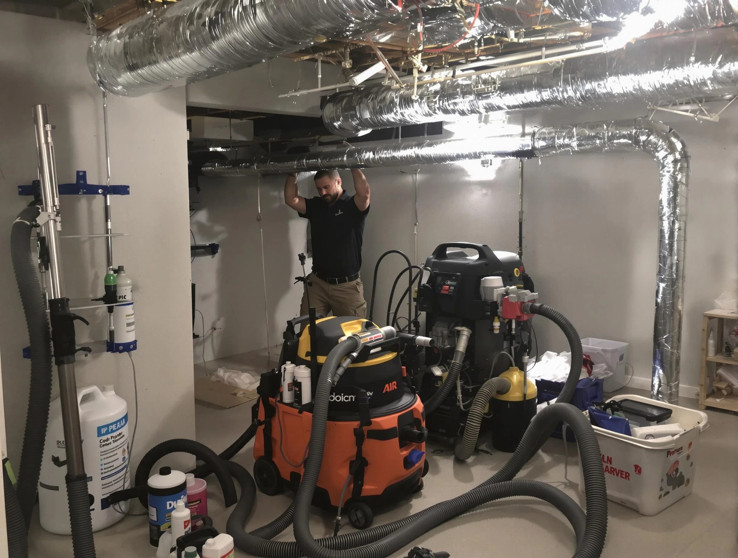 Stonecrest Air Duct Cleaning specialist performing professional mold removal from air ducts using safety equipment in Stonecrest