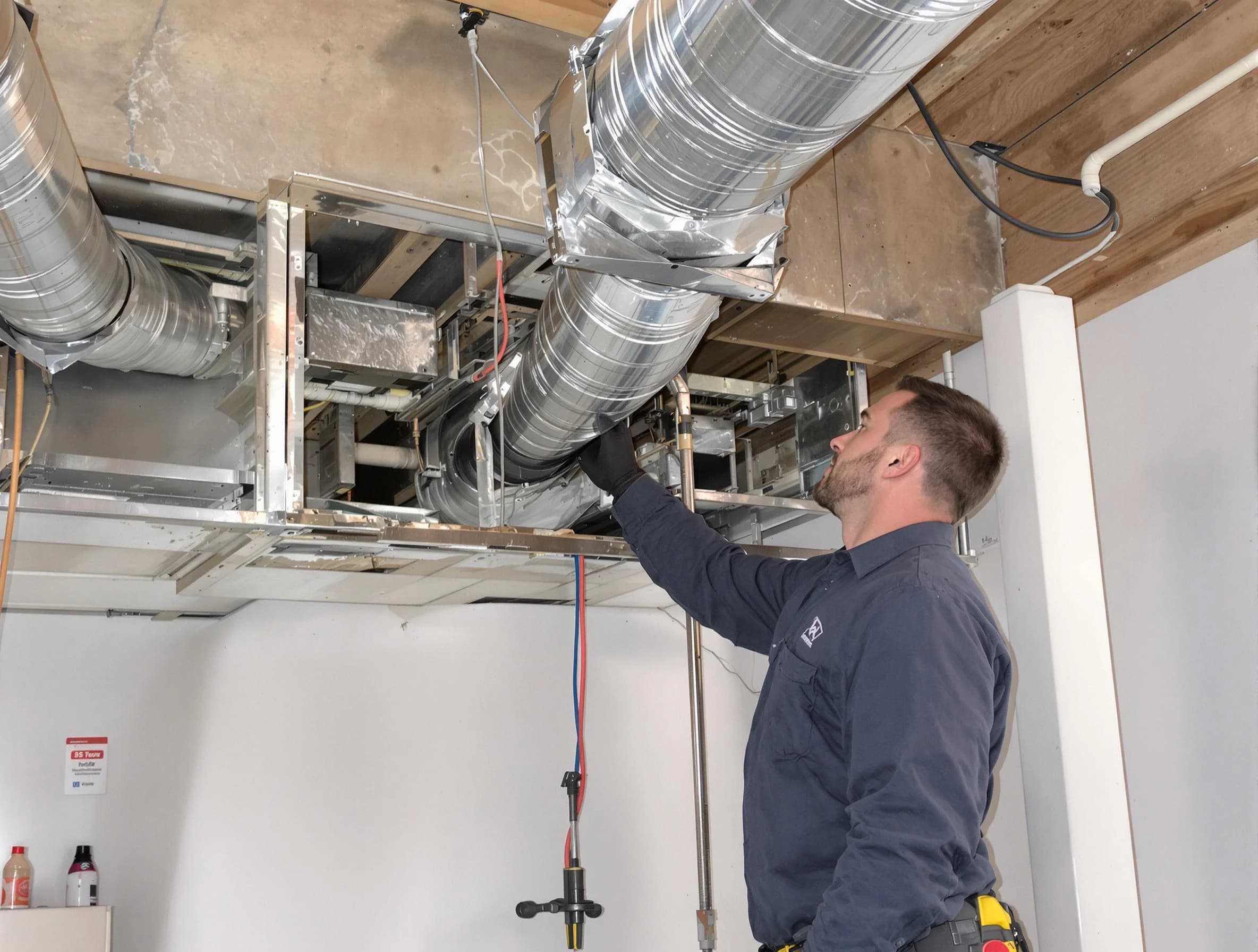 Stonecrest Air Duct Cleaning technician performing professional air duct repair using specialized tools in Stonecrest